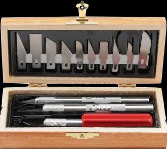 Excel Tools Hobby Knife Set: 3 Knives & 13 Blades (Wooden Box)