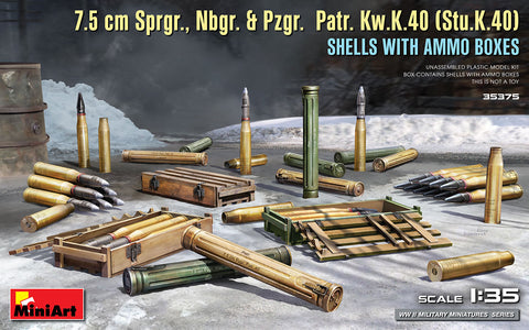 MiniArt Military 1/35 7.5cm Sprgr., Nbgr. & Pzgr. Patr. KwK40 (StuK40) Shells w/Ammo Boxes Kit