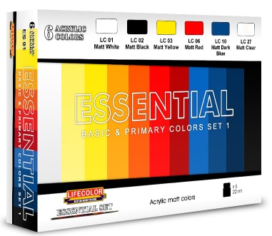 Lifecolor Acrylic Essential Basic & Primary Colors Acrylic Set #1 (6 22ml Bottles)