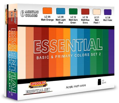 Lifecolor Acrylic Essential Basic & Primary Colors Acrylic Set #2 (6 22ml Bottles)