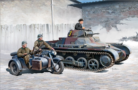 Academy Military 1/35 German Panzer I Ausf B & Sidecar Motorcycle w/3 Figures Kit