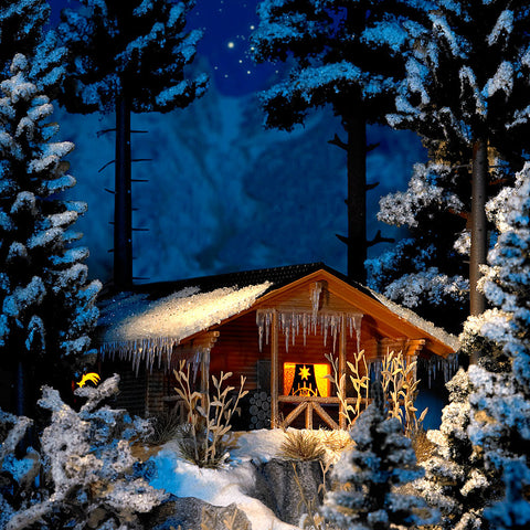 Busch HO Wintry Wood Cottage w/Interior Illumination Kit