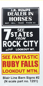 Blair Line N Barn Sign Decals -- Set #2 - Dealer In Horses, See Ruby Falls, See Rock City