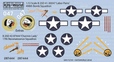 Warbird Decals 1/72 B25D Labor Pains 498th BS, Charmin Lacy 17th Recon Sq.