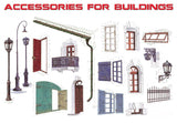 MiniArt Military 1/35 Accessories for Buildings: Gutter, Fence, Various Doors, Windows & Lamp Posts Kit