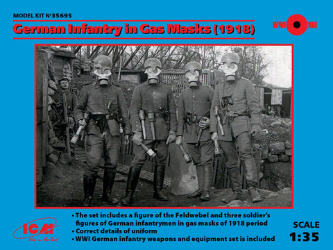 ICM Military Models 1/35 WWI German Infantry in Gas Masks (4) w/Weapons & Equipment Kit (New Tool)