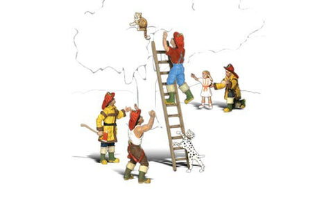 Woodland Scenics N Scenic Accents Firemen (4) to the Rescue (Ladder, Girl, Dog, & Cat)