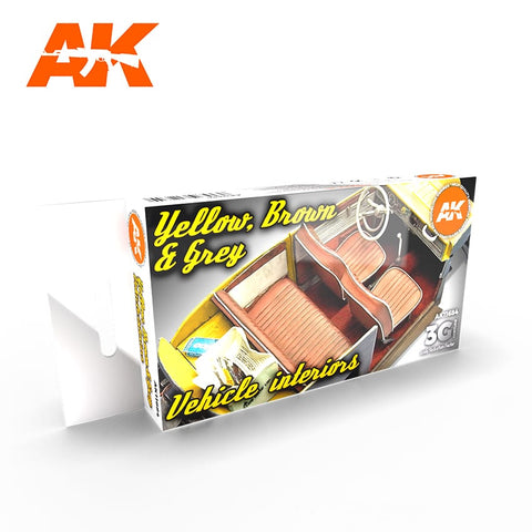 AK Interactive Cars & Civil Vehicles Series: Yellow, Brown & Grey Interiors Acrylic Paint Set (6 Colors) 17ml Bottles