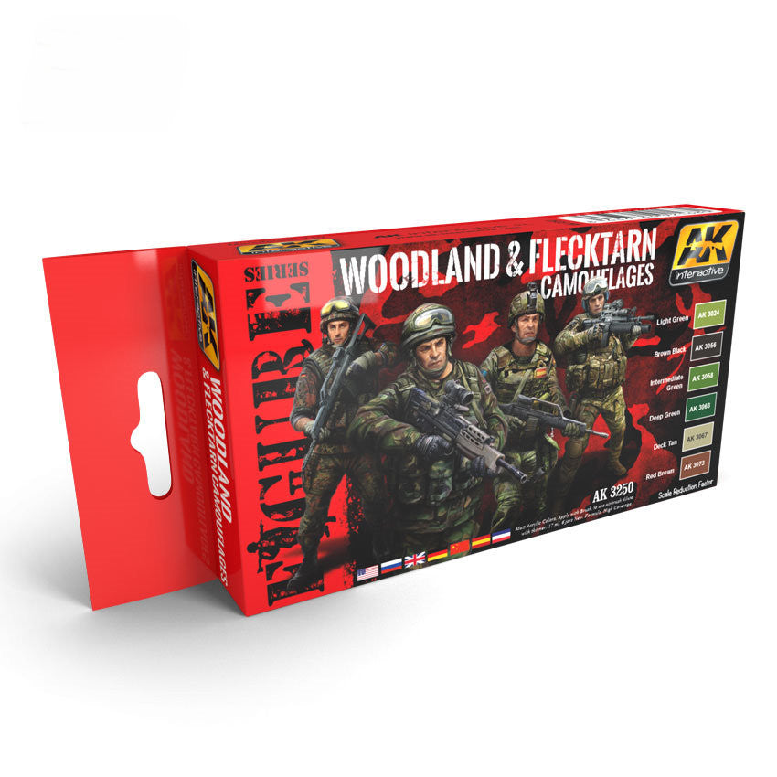 AK Interactive Figure Series: Woodland & Flecktarn Camouflage Acrylic Paint Set (6 Colors)