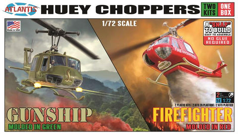 Atlantis Aircraft 1/72 Huey Choppers (2): US Army Gunship & Firefighter Helicopter Kit
