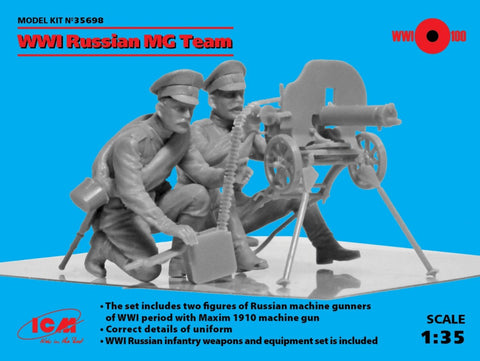 ICM Military 1/35 WWI Russian MG Team (2) w/Maxim 1910 MG, Weapons & Equipment Kit