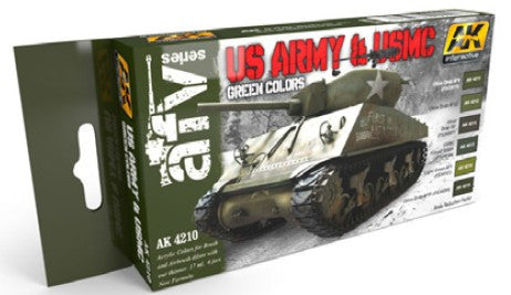 AK Interactive AFV Series: US Army & USMC Green Acrylic Paint Set (6 Colors) 17ml Bottles