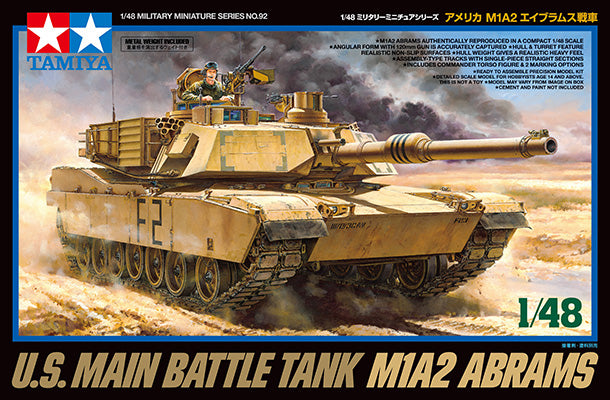 This is a plastic military model kit of a Tamiya Military 1/48 US M1A2 Abrams Main Battle Tank (New Tool 