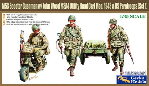 Gecko 1/35 M53 Scooter Cushman w/John wood M3A4 Utility Hand Cart Mod 1943 & 3 US Paratroopers (New Tool) Kit
