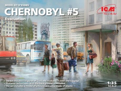 ICM Military 1/35 Chernobyl #5: Evacuation Diorama Set (5 figures w/luggage, house front, base, background) (New Tool) Kit