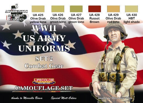 Lifecolor Acrylic US Army WWII Combat Gear Uniforms #2 Camouflage Acrylic Set (6 22ml Bottles)