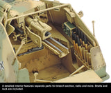 A detailed interior features separate parts for breech section, radio and more. Shells and rack are included.