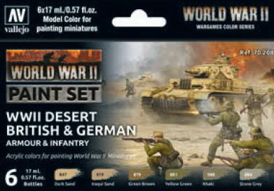 Vallejo Acrylic 17ml Bottle Desert British & German Armour & Infantry WWII Wargames Paint Set (6 Colors)