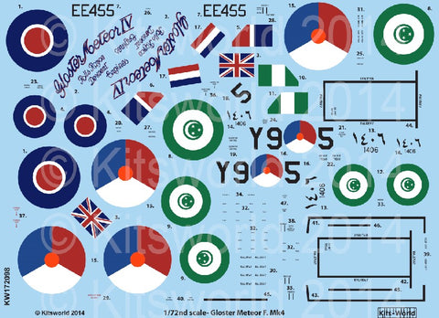 Warbird Decals 1/72 Gloster Meteor F4 The Yellow Peril or Forever Amber, Royal Netherlands AF, Royal Egyptian AF for MPM